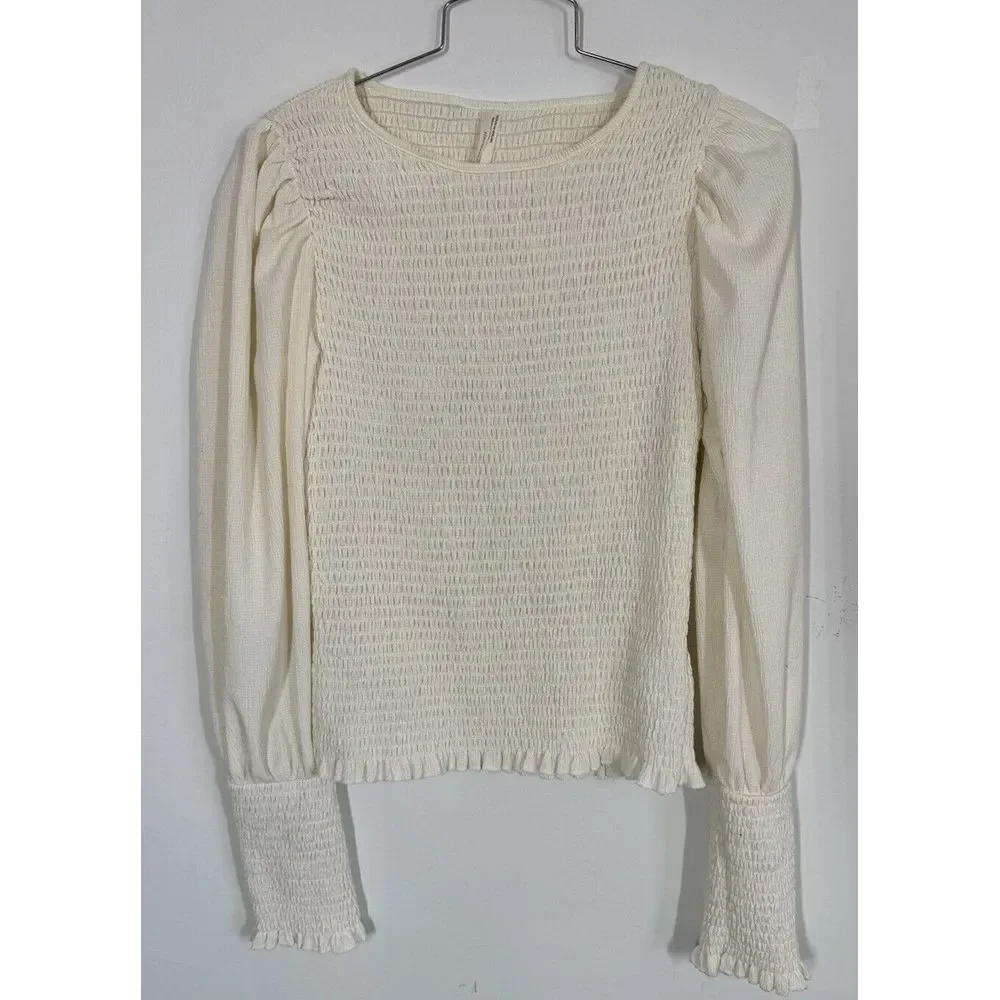 Anthropologie Smocked Puff Sleeve Ivory Cream Top Blouse Size S‎ Boho Bodycon